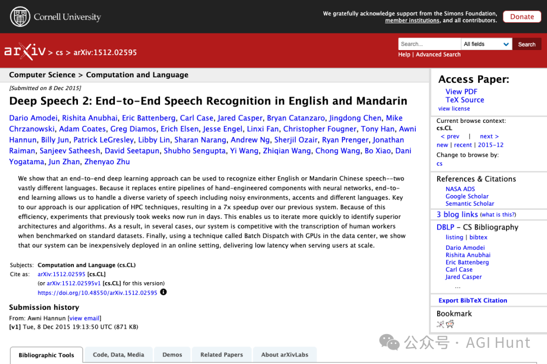 Deep Speech 2 论文，Dario Amodei 为第一作者