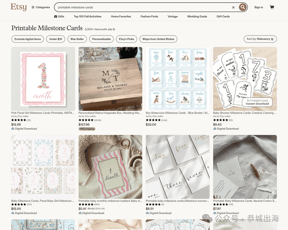 宝宝月龄卡可打印PDF卖Etsy：免关税无运费，一份5到13美元