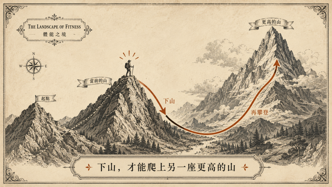 适应峰示意图：人形从「当前位置」下山，经过「必经的下行」，再爬上「更高的山」