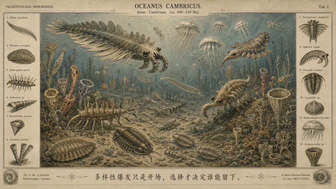 寒武纪海洋生物图鉴：奇虾、欧巴宾海蝎、三叶虫、皮卡虫等寒武纪标志性生物，米色羊皮纸底