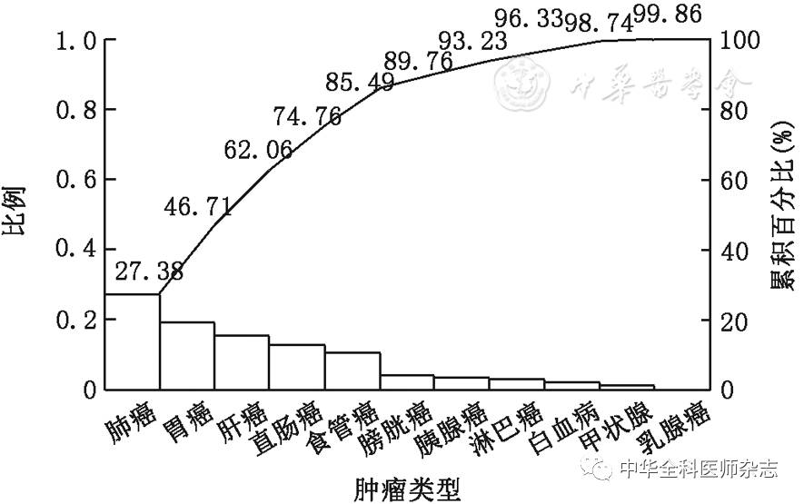 不同类型肿瘤比例的帕累托图