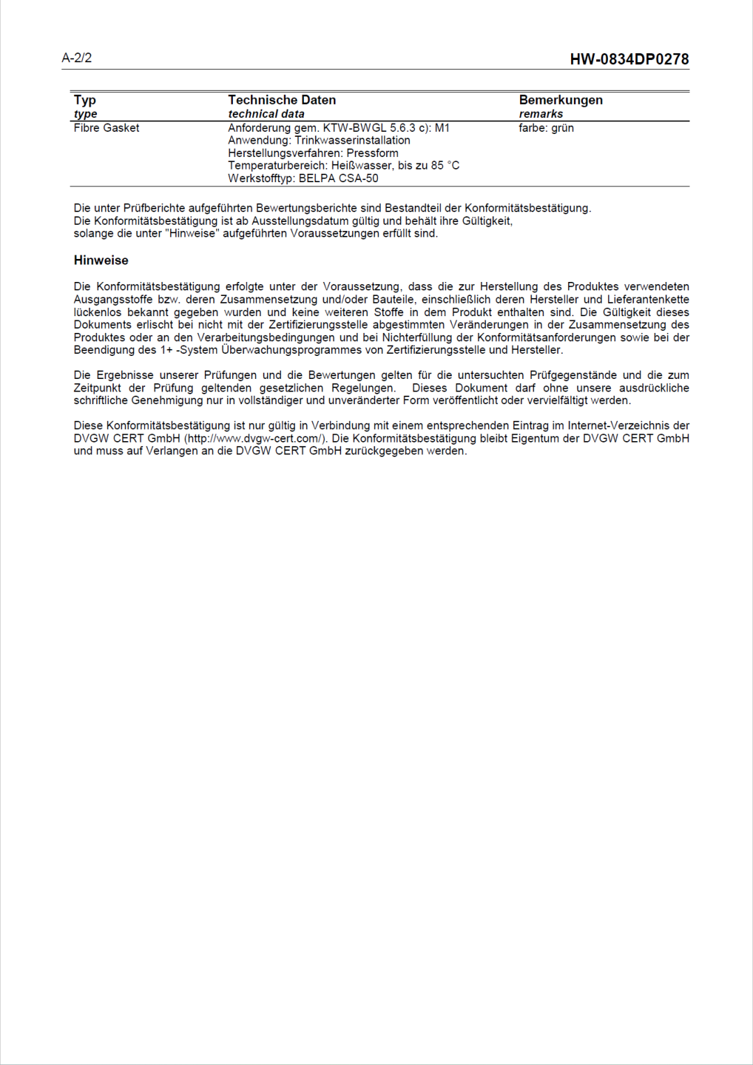 KTW-BWGL饮用水认证启用，标牌BELPA CSA-50无石棉密封材料“持证上岗