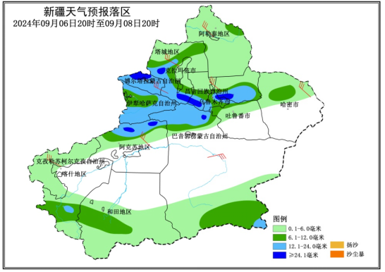 9月6日夜间至8日北疆东疆冷空气入侵        对旅游交通运输水利农业生产等有不利影响