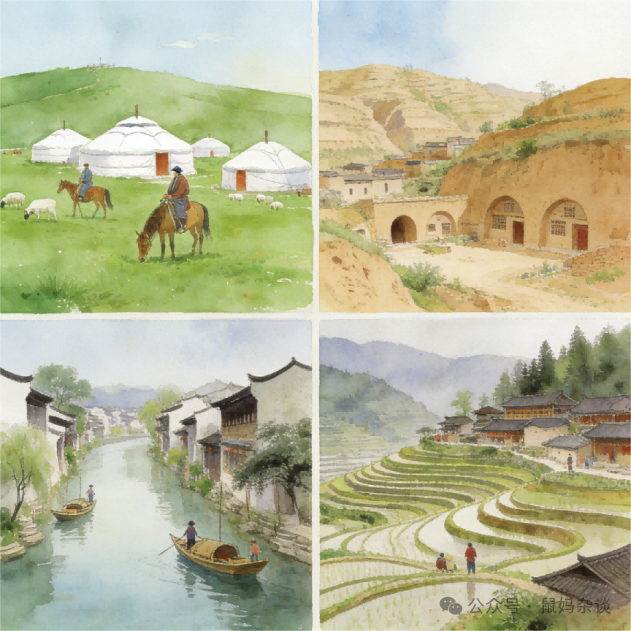 四宫格插画：左上草原蒙古包与牧民，右上黄土高原窑洞村落，左下江南水乡渔船，右下云南哈尼梯田村寨，风格统一，写实水彩风。