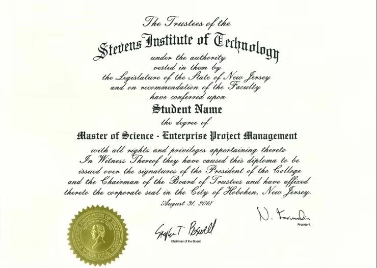 美国史蒂文斯理工学院颁发的企业项目管理硕士学位证书样本学生按要求