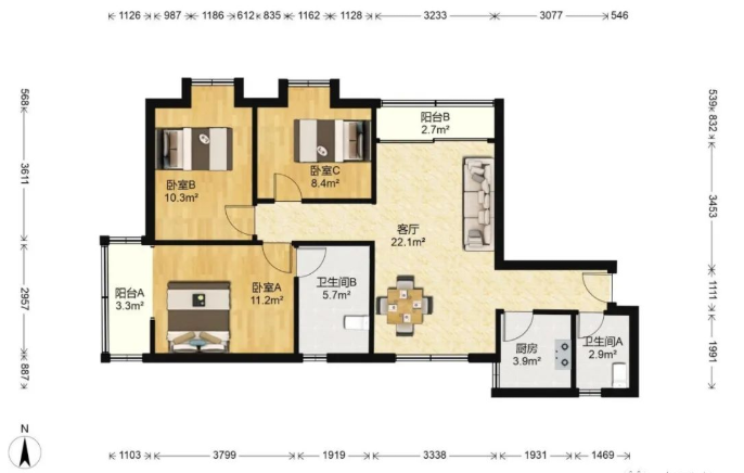 天河北总价728万 | 穗园小区，101平两房，厅出阳台、户型方正！