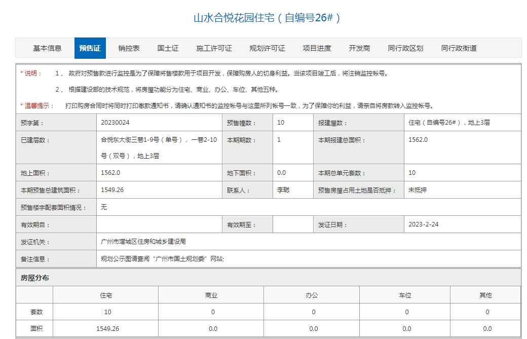 增城山水合悦新领预售证， 10套155㎡三房入市！