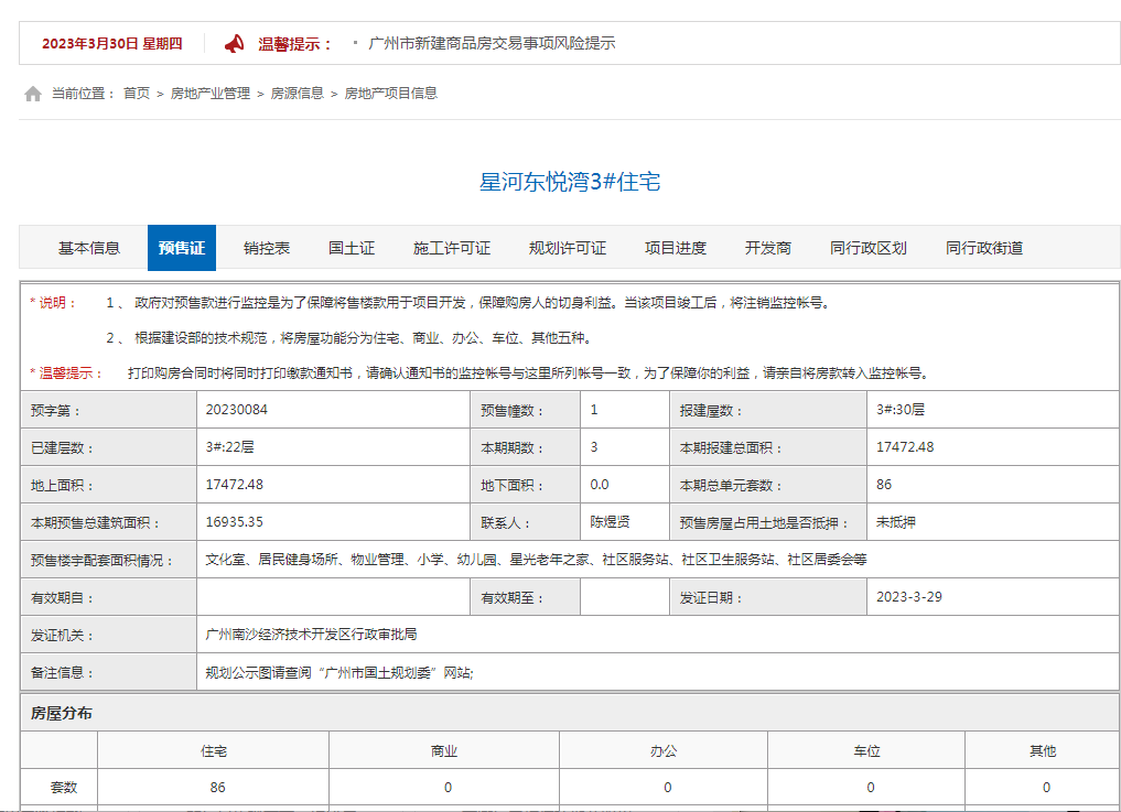 南沙星河东悦湾新领预售证一张，获批86套房源！
