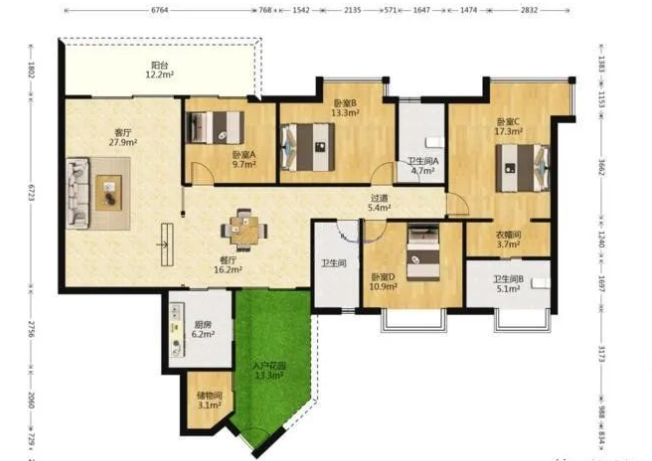 天河北总价1900万 | 富力天河华庭，183平，户型方正、即买即入住！