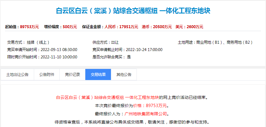 总价9亿元！广州地铁竞得白云站TOD东广场地块