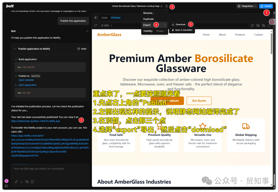在Bolt中发布并导出项目，最终下载包含网站文件的ZIP压缩包