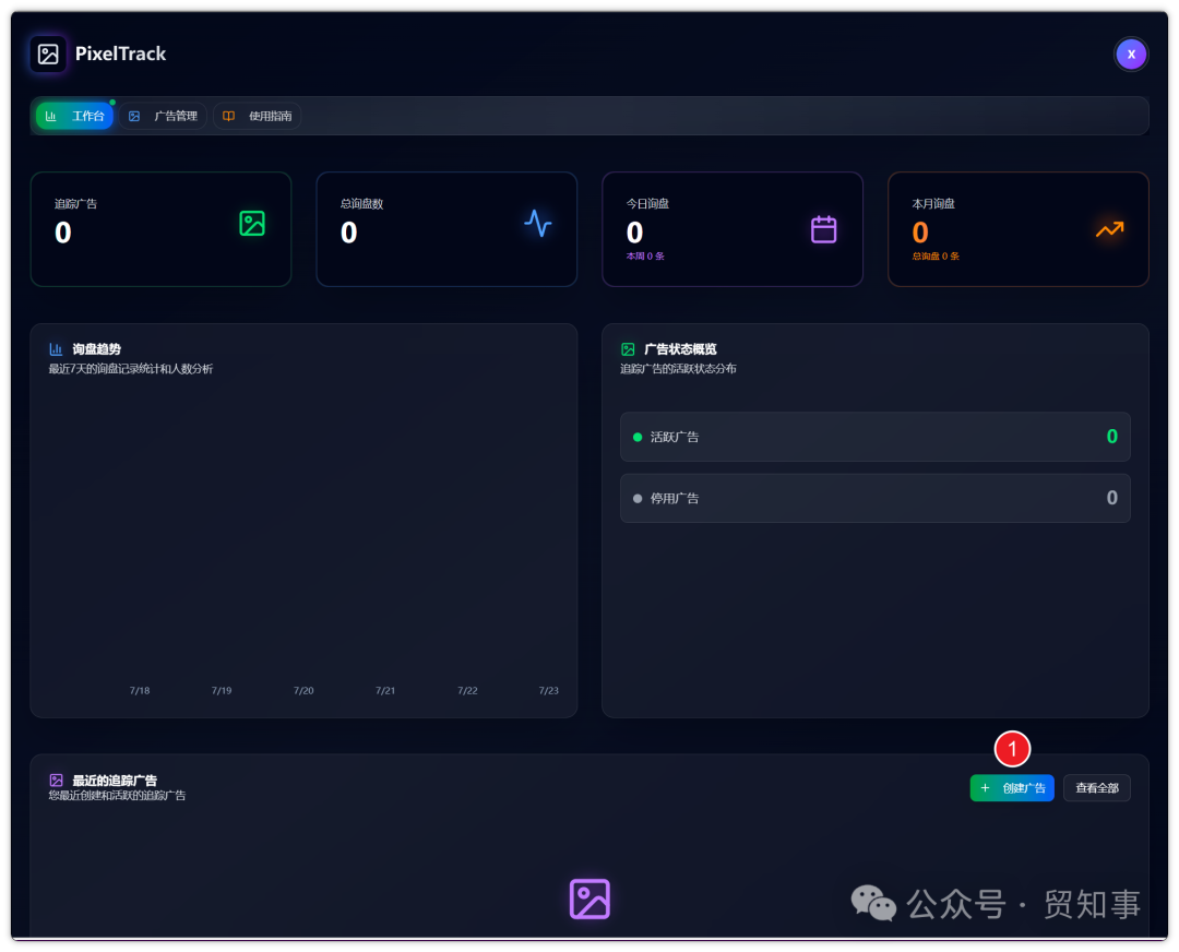 在Pixeltrack后台，点击“创建广告”按钮，开始设置我们的询盘追踪系统