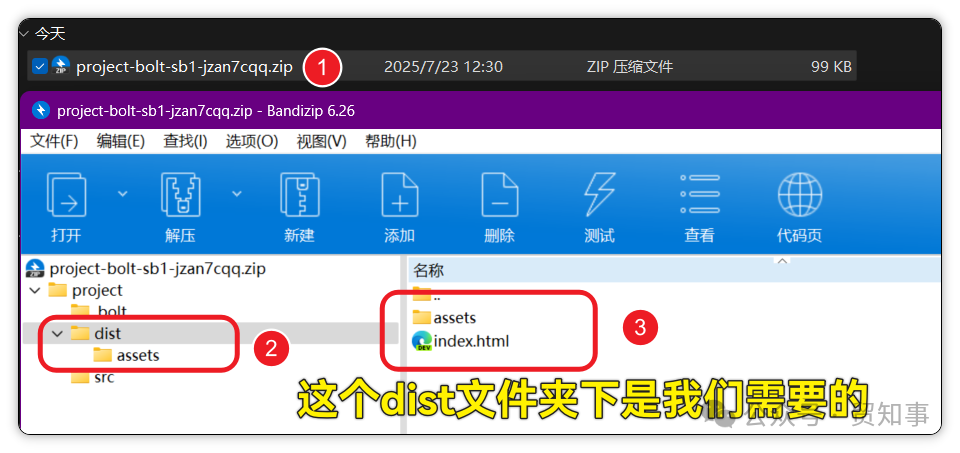 解压后的项目文件夹，我们需要的是其中的“dist”子文件夹，它包含了网站的所有静态文件