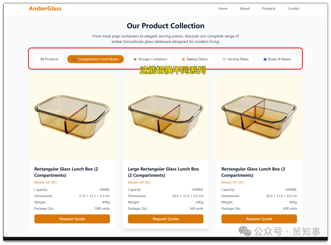 新页面中的产品展示区，带有可点击的tab，用户可以方便地切换查看不同系列的产品