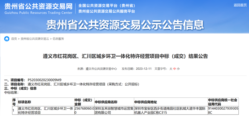 64亿！遵义市环卫一体化项目结果出炉，玉禾田斩获年度“标王”