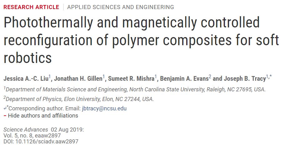 



《Science》子刊：光、热和磁联合控制的可重构高分子复合材料软体机器人
