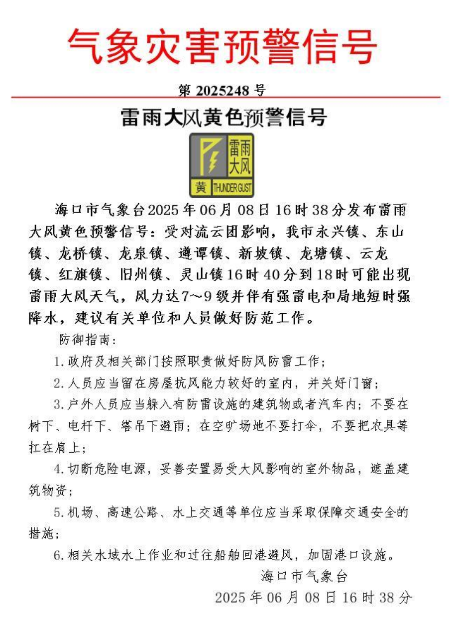 2025年06月08日海口天气,海口分区雷雨大风...预警！8日影响区域、时段→