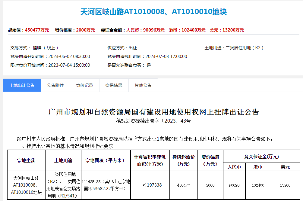 广州天河45亿元挂牌吉山仓地块，需无偿投建南沙全民文化体育综合体