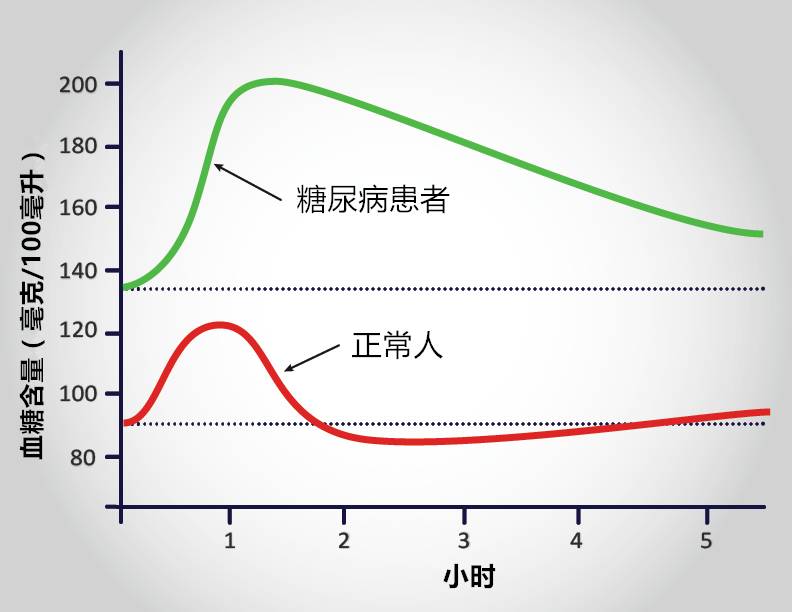 正常人的血糖是在進食後30～60分鐘達到高峰,在進食後2～3小時血糖