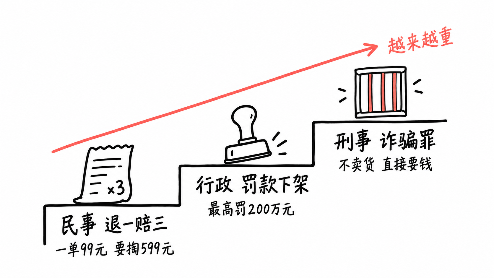 手绘台阶图：AI数字人卖惨带货的三条法律后果逐级升高，民事退一赔三、行政罚款下架、刑事诈骗罪