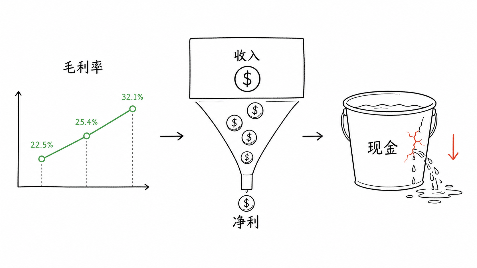 玖物毛利率三年从22.5%爬到32.1%但经营现金流净流出的账本示意图