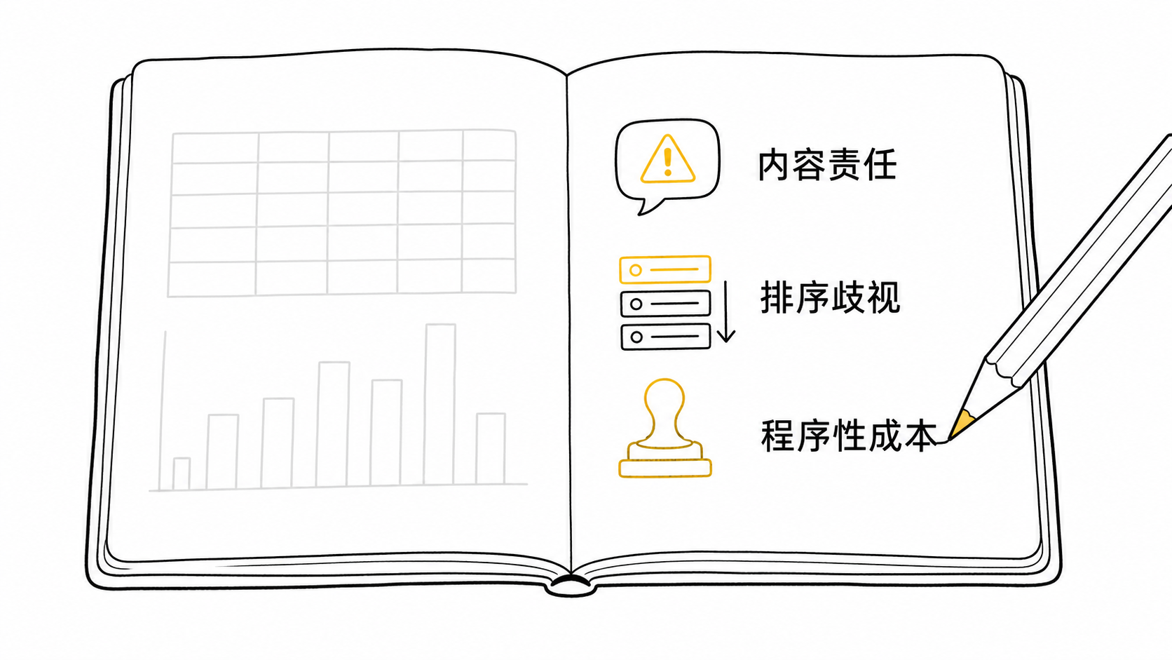 手账本上三条新账项：内容责任、排序歧视、程序性成本，铅笔正在写第三条