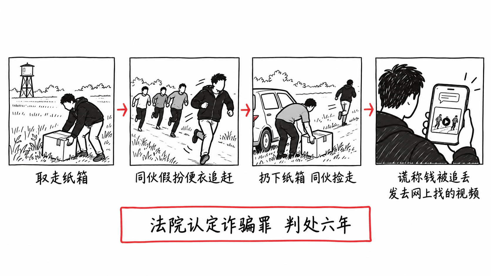 四格手绘流程图：替骗子取现的男子取走纸箱、同伙假扮便衣追赶、扔箱后同伙捡走、向上家谎称钱被追丢并发去网上下载的视频，法院认定诈骗罪判处六年