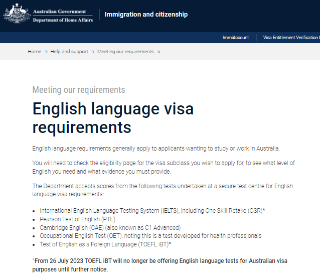 澳洲移民局签证语言暂不认可TOEFL iBT成绩