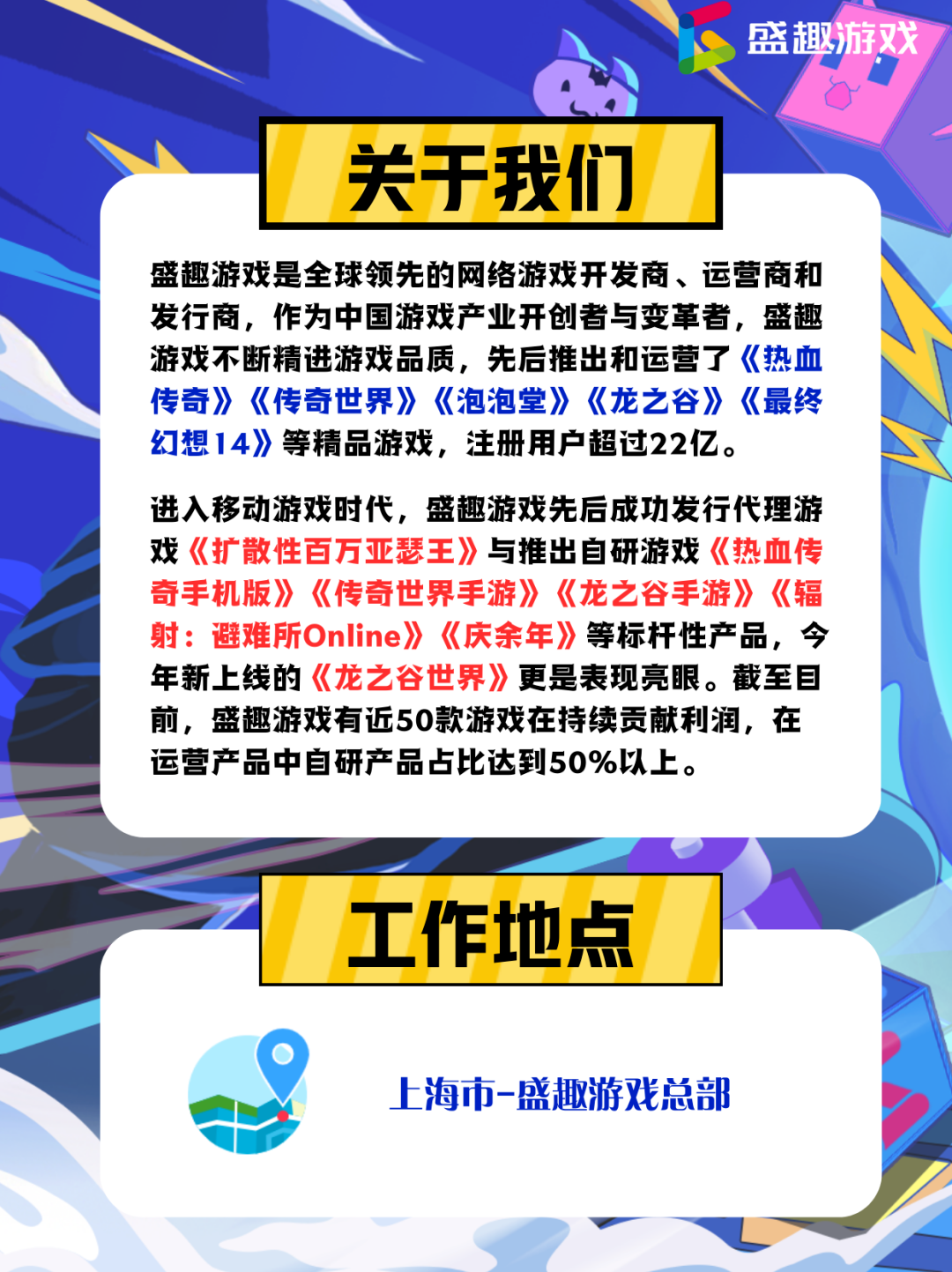 <p>盛趣游戏</p> <p>关于我们</p> <p>盛趣游戏是全球领先的网络游戏开发商、运营商和<br/>发行商，作为中国游戏产业开创者与变革者，盛趣<br/>游戏不断精进游戏品质，先后推出和运营了《热血<br/>传奇》《传奇世界》《泡泡堂》《龙之谷》《最终<br/>幻想14》等精品游戏，注册用户超过22亿。</p> <p>进入移动游戏时代，盛趣游戏先后成功发行代理游<br/>戏《扩散性百万亚瑟王》与推出自研游戏《热血传<br/>奇手机版》《传奇世界手游》《龙之谷手游》《辐<br/>射:避难所Online》《庆余年》等标杆性产品，今<br/>年新上线的《龙之谷世界》更是表现亮眼。截至目<br/>前，盛趣游戏有近50款游戏在持续贡献利润，在<br/>运营产品中自研产品占比达到50%以上。</p> <p>工作地点<br/>上海市-盛趣游戏总部</p>