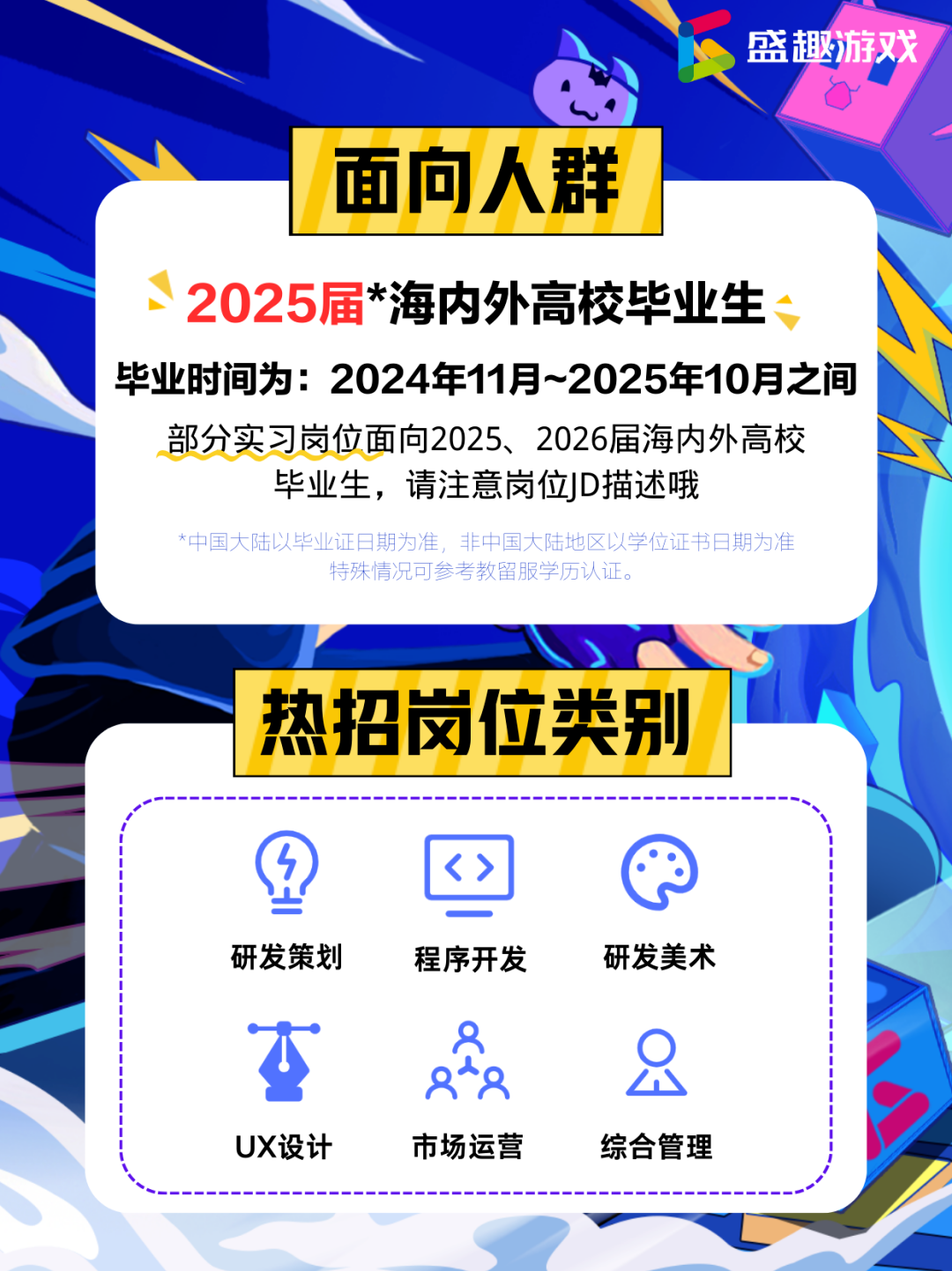 <p>盛趣游戏</p> <p>面向人群</p> <p>2025届*海内外高校毕业生<br/>毕业时间为:2024年11月~2025年10月之间</p> <p>部分实习岗位面向2025、2026届海内外高校</p> <p>毕业生，请注意岗位JD描述哦</p> <p>*中国大陆以毕业证日期为准，非中国大陆地区以学位证书日期为准</p> <p>特殊情况可参考教留服学历认证。</p> <p>热招岗位类别</p> <p>研发策划</p> <p>程序开发</p> <p>研发美术</p> <p>0</p> <p> </p> <p>UX设计</p> <p>市场运营</p> <p>综合管理</p>