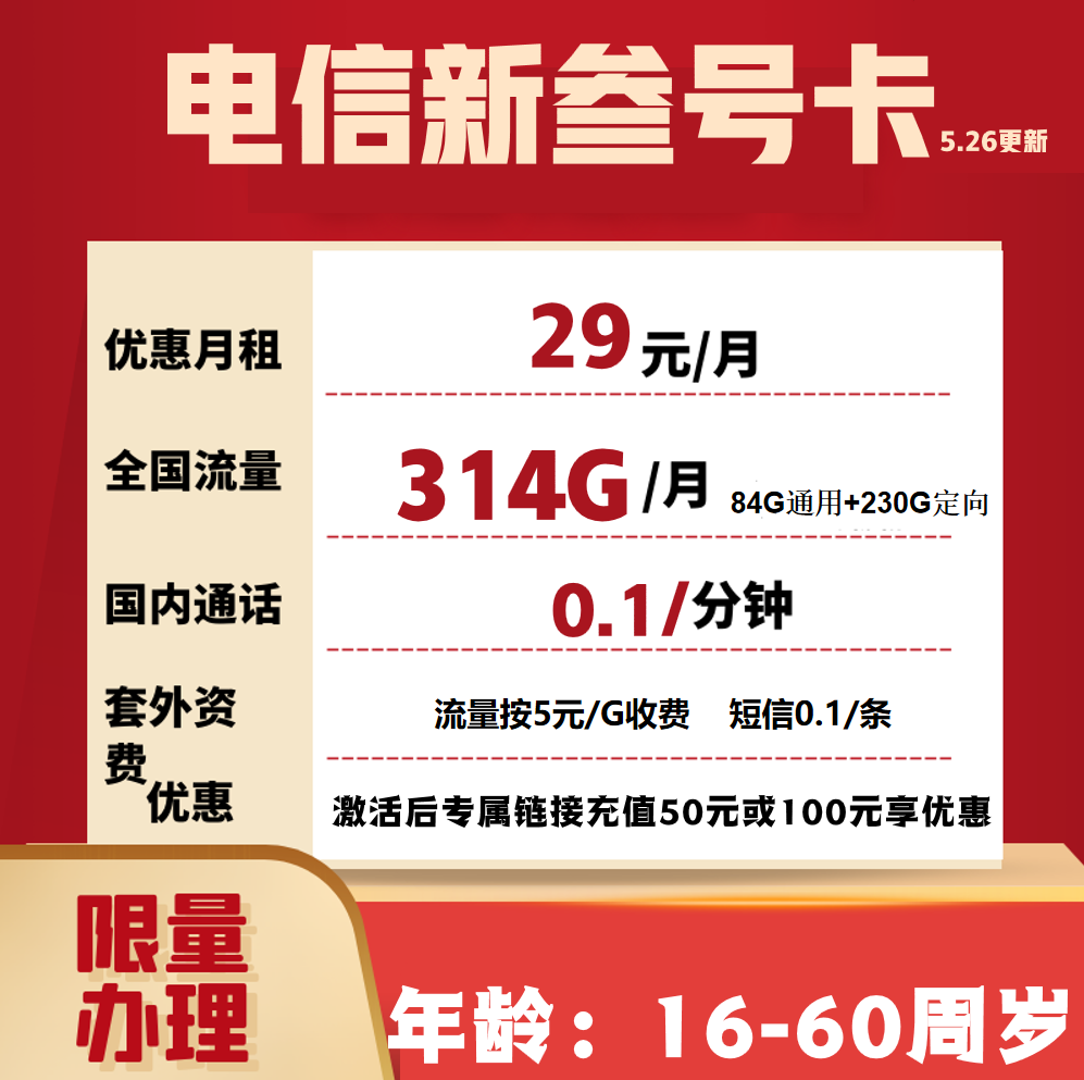 【免费办理】广东电信叁号卡29元294G全国高速流量不限速，首月免费体验