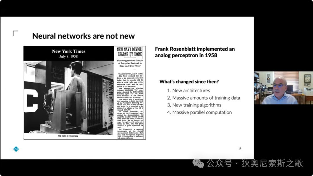 1958 年的感知机，以及推动深度学习发展的架构、数据、算法和计算能力