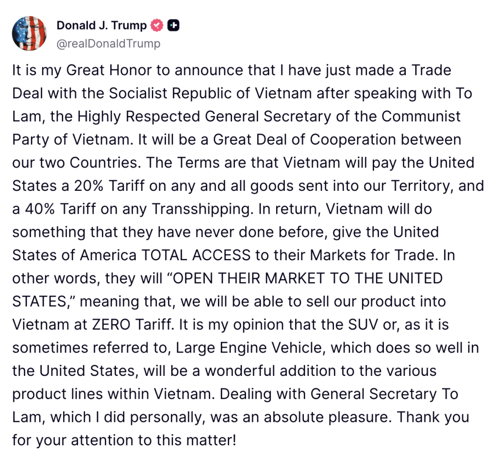 關稅戰｜特朗普稱與越南達成貿易協議關稅降至20% 轉運商品徵40%關稅