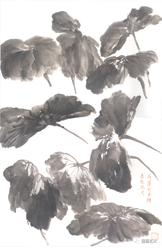 泼彩画法运用泼彩画荷叶时,应该注意用色不能鲜艳,大片绿色容易俗