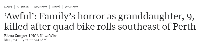 悲剧！珀斯9岁小女孩命丧摩托车事故！西澳州长：或对摩托车法规进行修改（组图） - 1