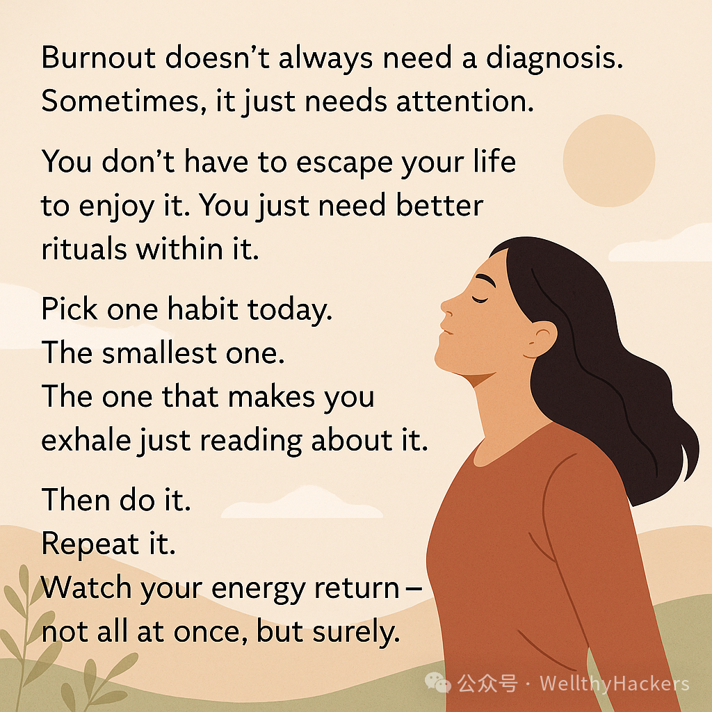 A calming digital illustration of a woman with long dark hair standing outdoors, eyes closed, breathing deeply. Beside her is motivational text about choosing one small habit to restore energy. The background features muted hills, soft sunlight, and abstract natural shapes.