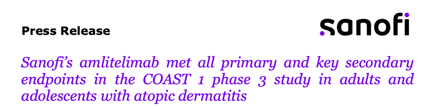 賽諾菲宣布其OX40L單抗Amlitelimab在針對(duì)患有特應(yīng)性皮炎的成人和青少年的III期COAST1研究中，達(dá)到了所有主要終點(diǎn)和關(guān)鍵次要終點(diǎn)
