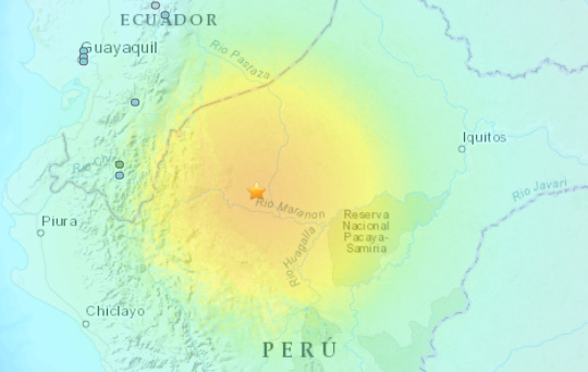 秘魯巴蘭卡(Barranca, Peru)西北方向42km處發生M7.5級地震,地震烈度VIII級的圖2