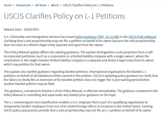 美国移民局更新L-1签证最新政策指南