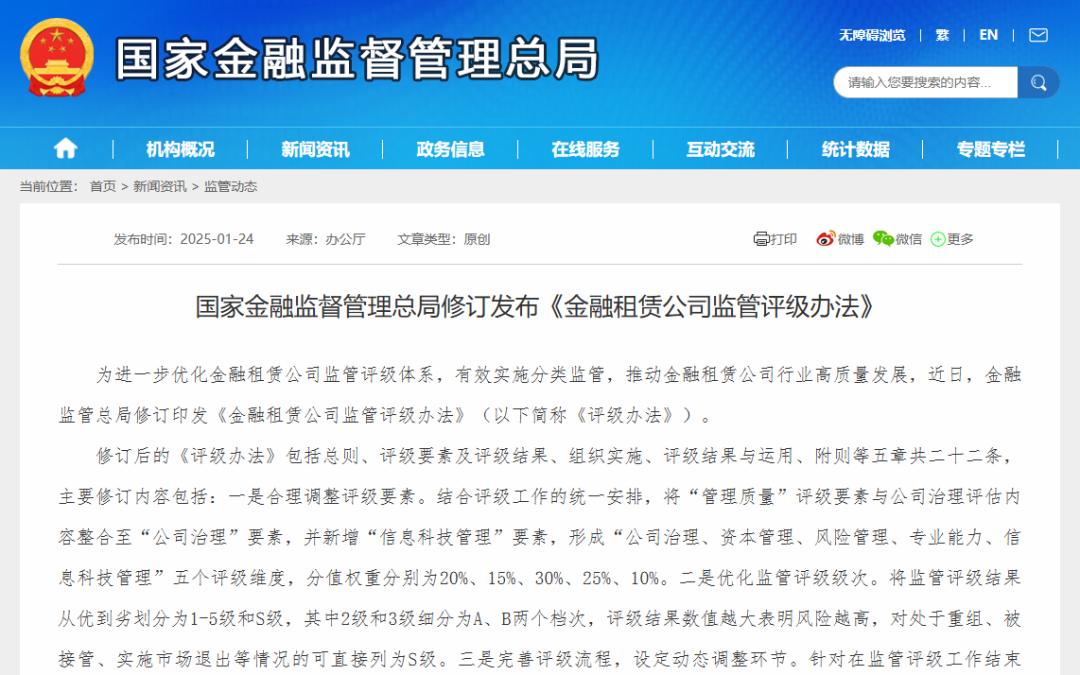 【监管动态】金租评级-国家金融监督管理总局修订发布《金融租赁公司监管评级办法》