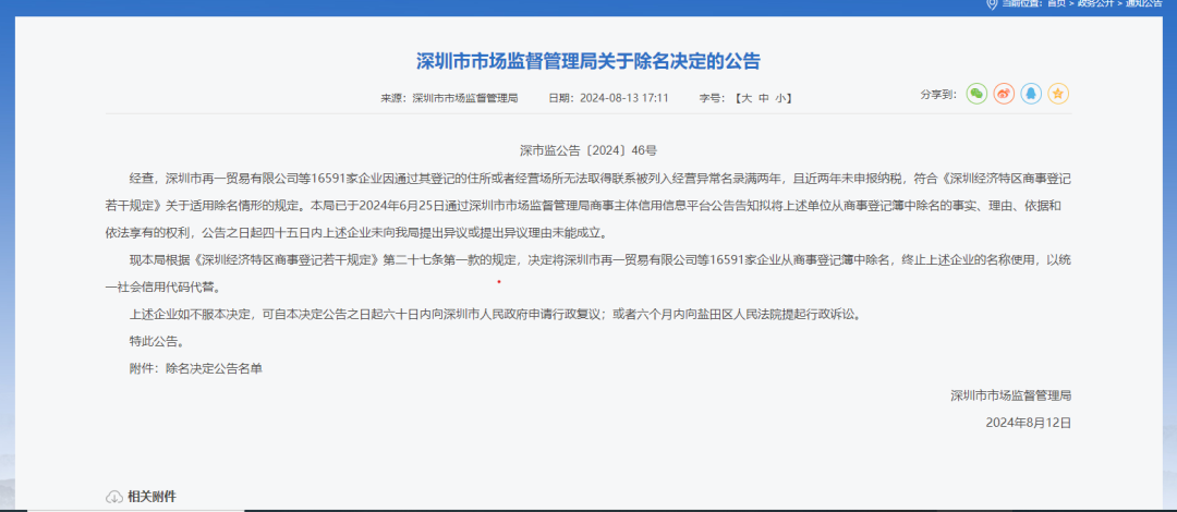 【监管动态】深圳市市场监督管理局发布除名公告，涉及租赁公司34家