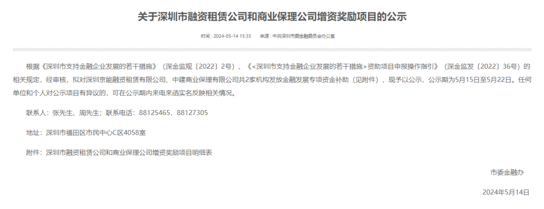 【增资奖励】深圳市委金融办发布《关于深圳市融资租赁公司和商业保理公司增资奖励项目的公示》
