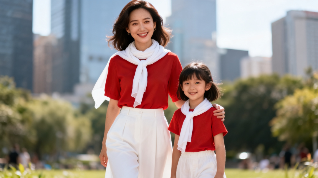 jimeng-2026-05-11-7914-一位漂亮年轻妈妈和五六岁小女孩，妈妈和女孩都穿着红色上衣，搭配白色围巾，白色阔腿....png