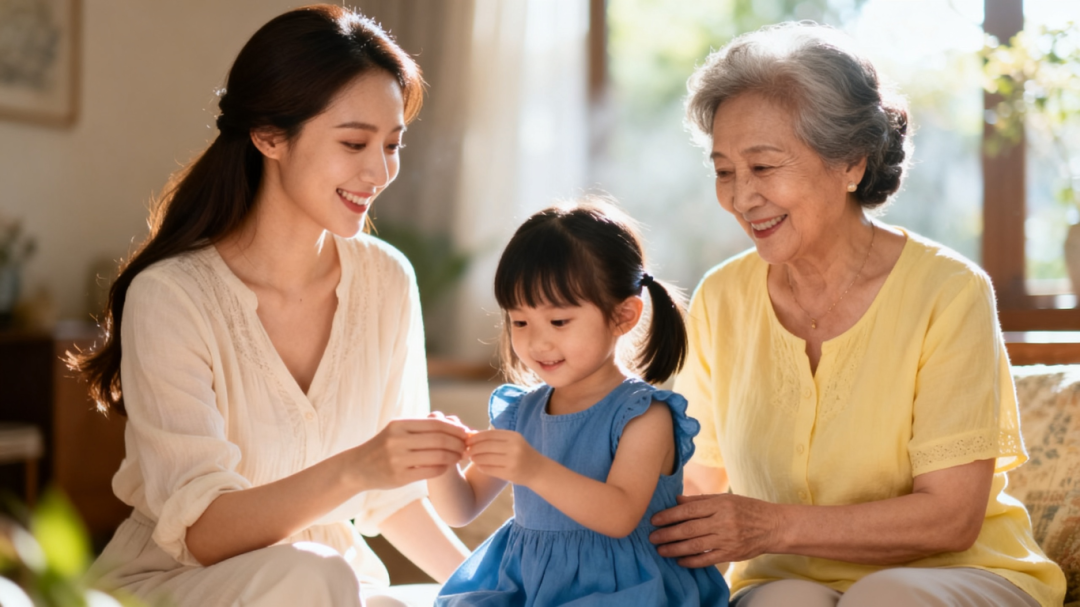 jimeng-2026-05-11-1994-一位漂亮年轻妈妈、一个60岁的奶奶和五六岁小女孩，浅黄色上衣，小女孩穿蓝色裙子，....png