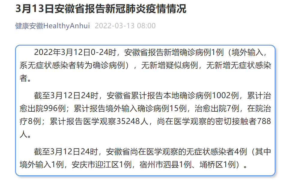 安徽新增1例境外输入确诊病例