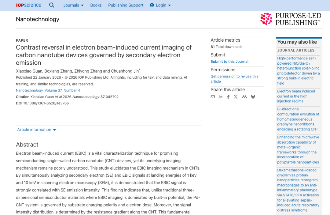 由二次电子发射调控的碳纳米管器件电子束诱生电流成像中的衬度反转