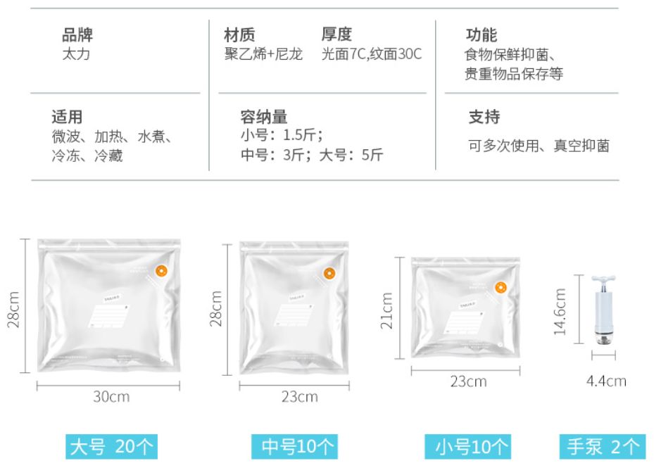 太力真空保鲜袋,中国航天员专用产品研制企业出品,3秒包装、自动密封,延长食物保鲜时间。黑科技复合材料,可微波炉加热,可循环使用 太力真空保鲜袋,中国航天员专用产品研制企业出品,3秒包装、自动密封,延长食物保鲜时间。黑科技复合材料,可微波炉加热,可循环使用
