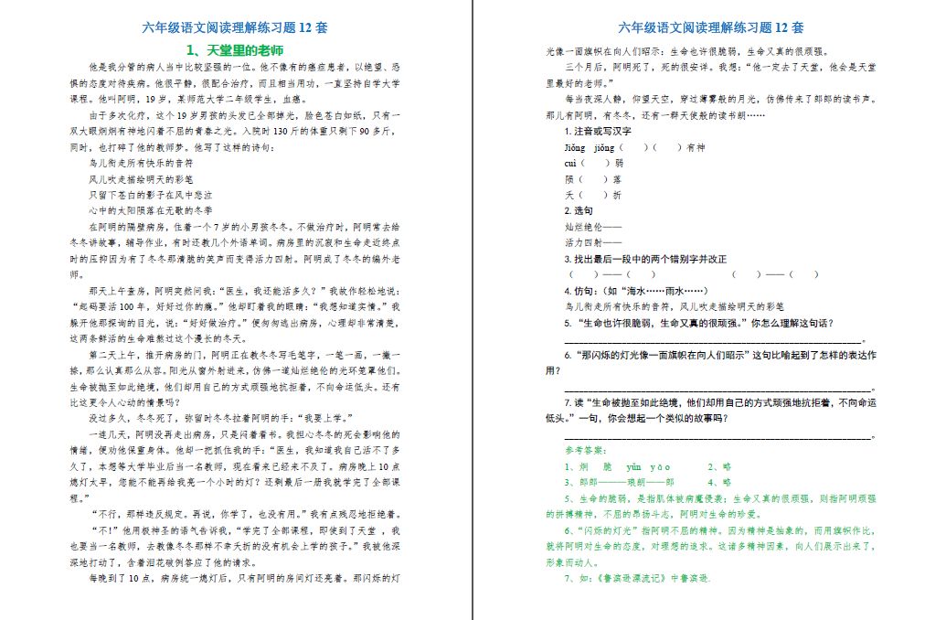 六年级语文寒假作业 小学六年级语文 神武4