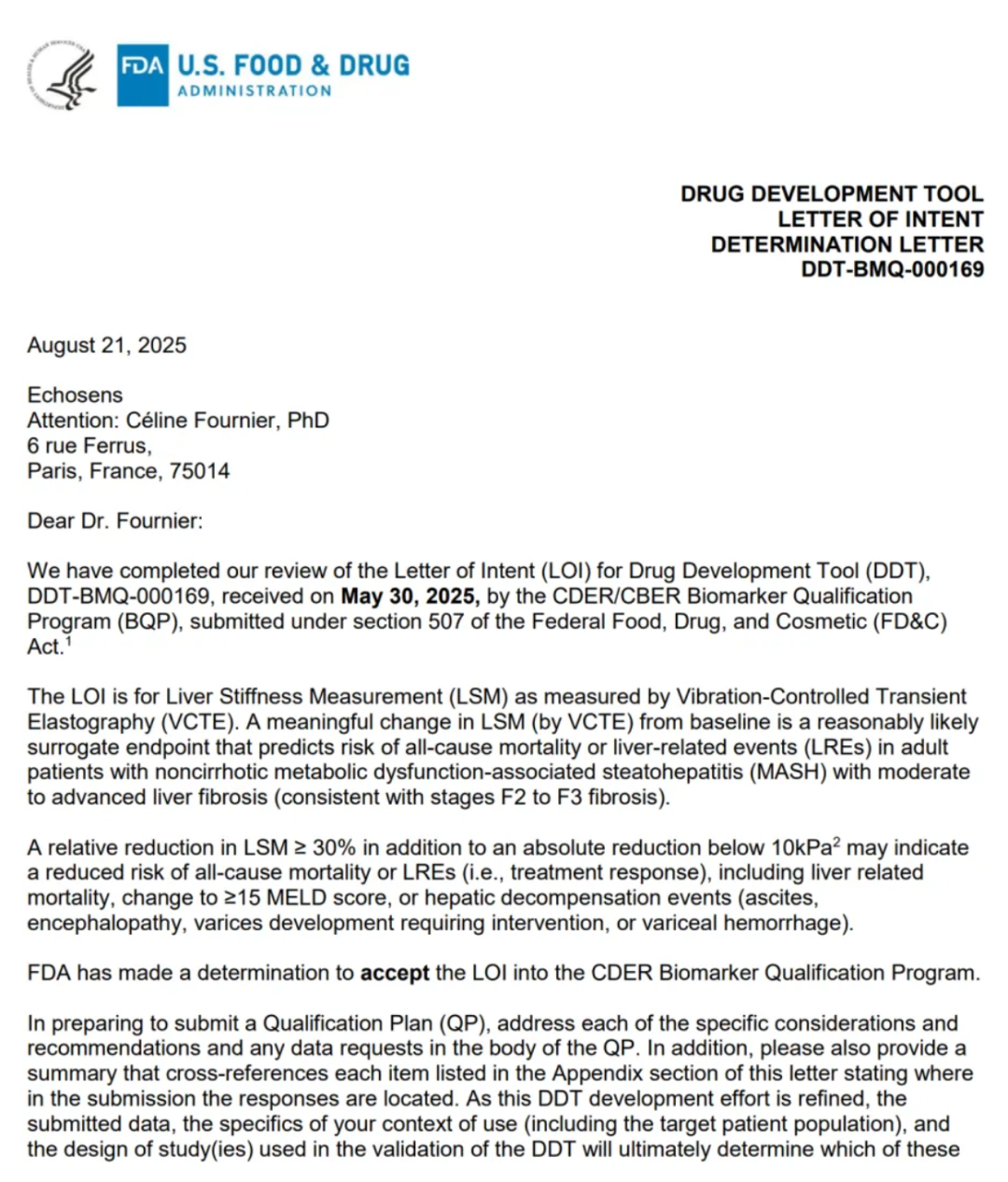 FDA正式致函Echosens表明接受振動控制瞬時彈性成像（VCTE）測量的肝臟硬度作為替代終點的意向書
