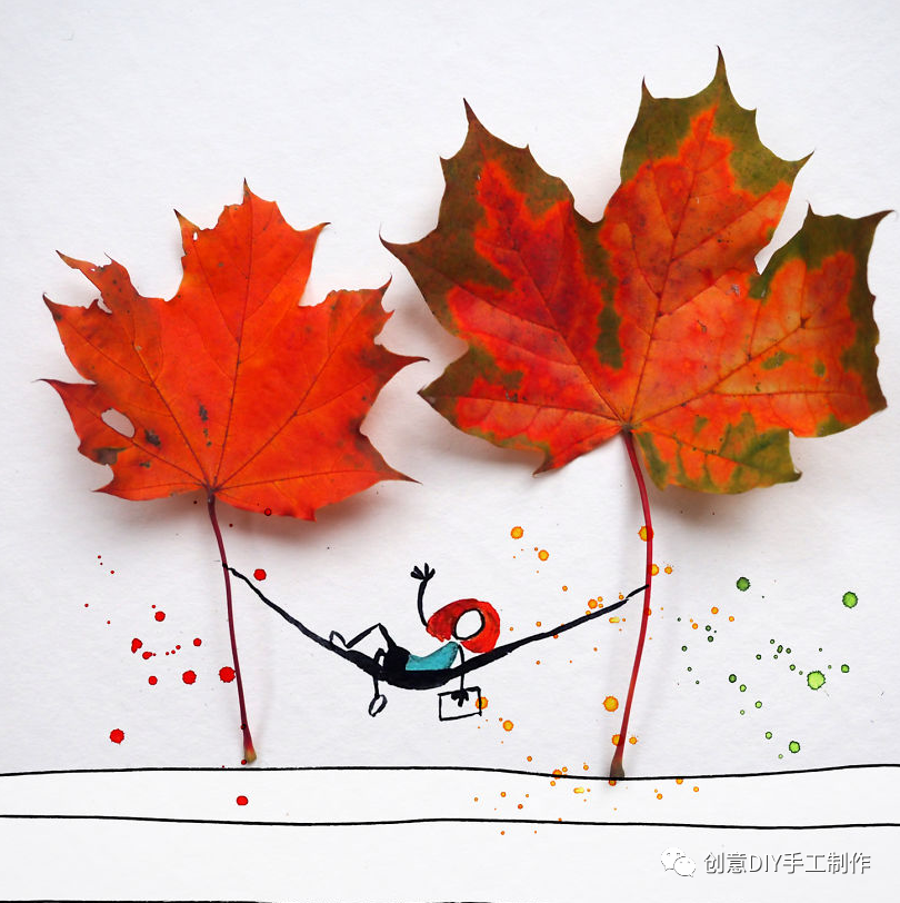 秋天里的创意艺术家用枫叶绘制趣味插画